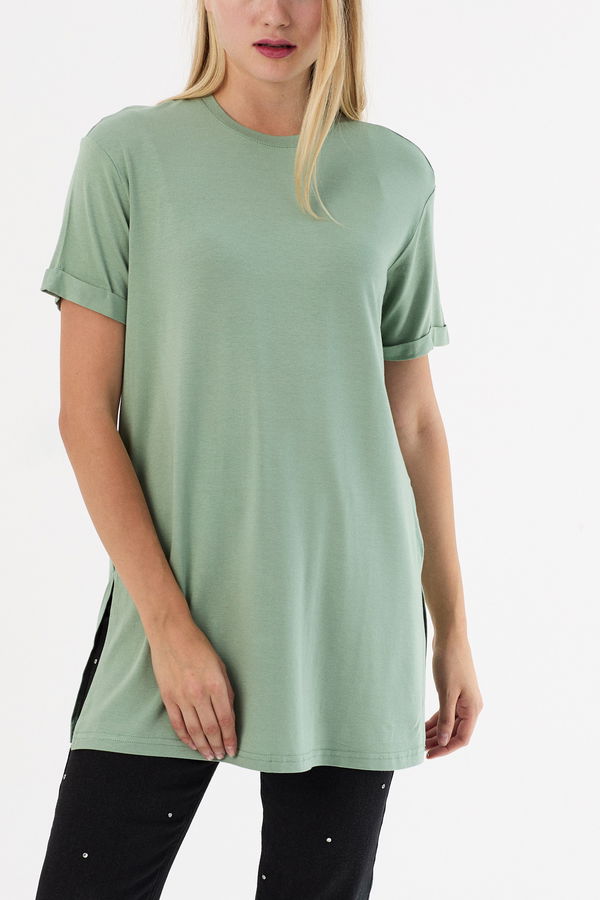 Düz Bisiklet Yaka Kadın Yeşil Basic T-shirt  - 10806 YEŞİL