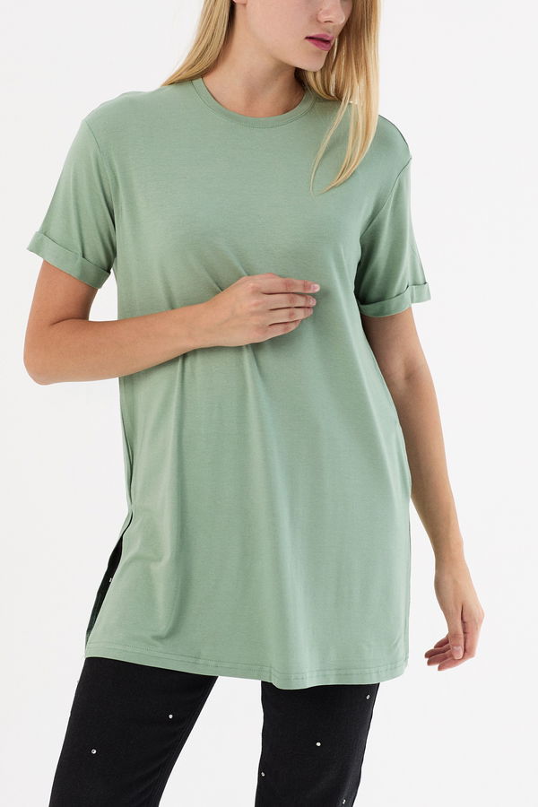 Düz Bisiklet Yaka Kadın Yeşil Basic T-shirt  - 10806 YEŞİL
