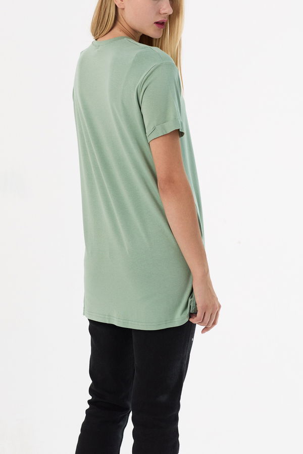 Düz Bisiklet Yaka Kadın Yeşil Basic T-shirt  - 10806 YEŞİL