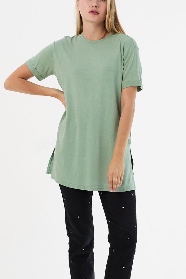 Düz Bisiklet Yaka Kadın Yeşil Basic T-shirt  - 10806 YEŞİL