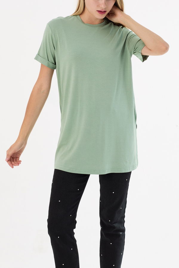 Düz Bisiklet Yaka Kadın Yeşil Basic T-shirt  - 10806 YEŞİL