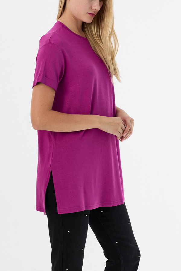 Düz Bisiklet Yaka Kadın Mürdüm Basic T-shirt  - 10806 MÜRDÜM