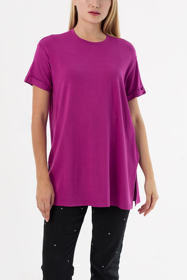Düz Bisiklet Yaka Kadın Mürdüm Basic T-shirt  - 10806 MÜRDÜM