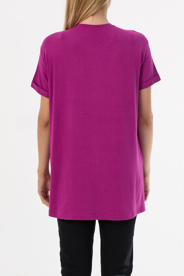 Düz Bisiklet Yaka Kadın Mürdüm Basic T-shirt  - 10806 MÜRDÜM