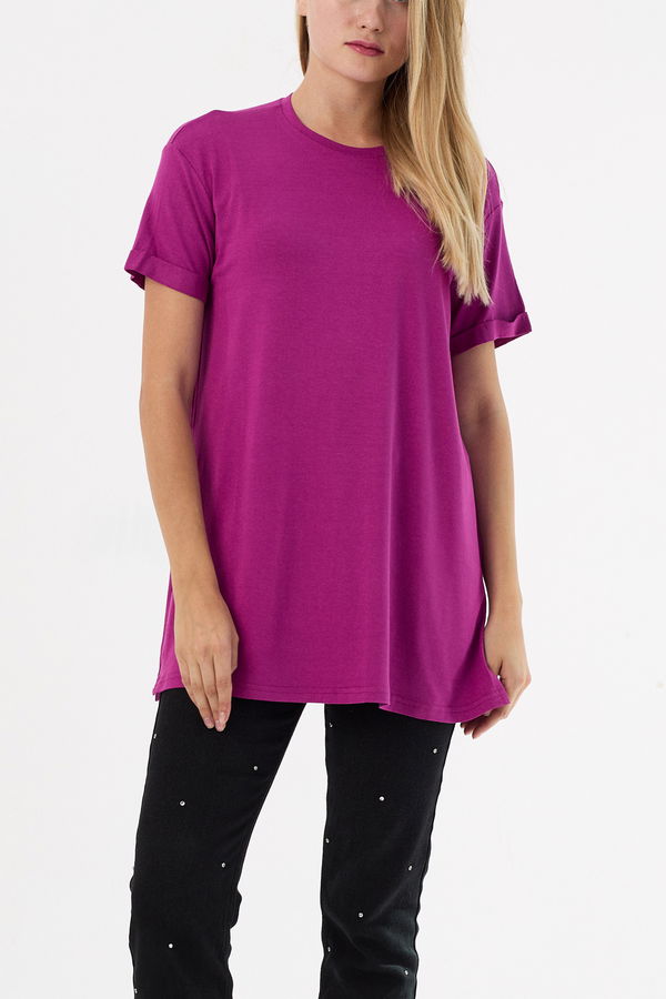 Düz Bisiklet Yaka Kadın Mürdüm Basic T-shirt  - 10806 MÜRDÜM