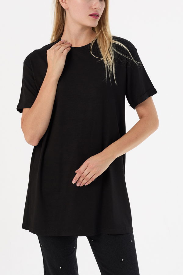 Düz Bisiklet Yaka Kadın Siyah Basic T-shirt  - 10806 SİYAH