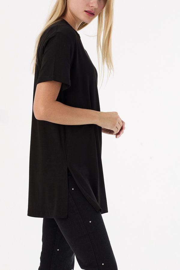 Düz Bisiklet Yaka Kadın Siyah Basic T-shirt  - 10806 SİYAH