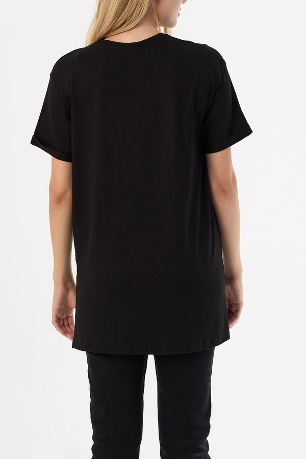 Düz Bisiklet Yaka Kadın Siyah Basic T-shirt  - 10806 SİYAH