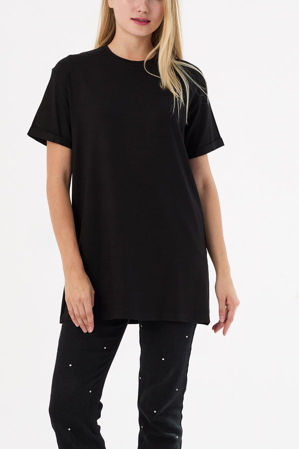 Düz Bisiklet Yaka Kadın Siyah Basic T-shirt  - 10806 SİYAH