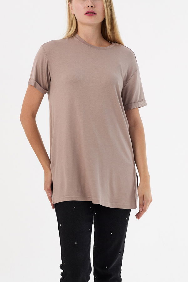 Düz Bisiklet Yaka Kadın Vizon Basic T-shirt  - 10806 VİZON