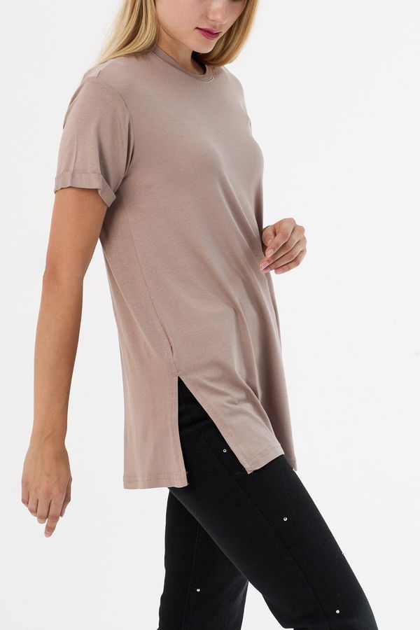Düz Bisiklet Yaka Kadın Vizon Basic T-shirt  - 10806 VİZON