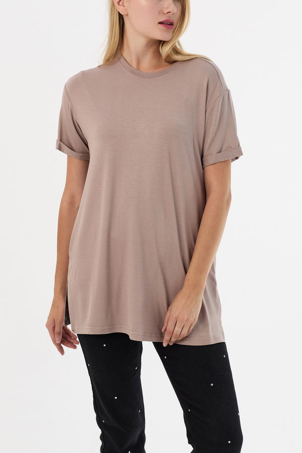 Düz Bisiklet Yaka Kadın Vizon Basic T-shirt  - 10806 VİZON