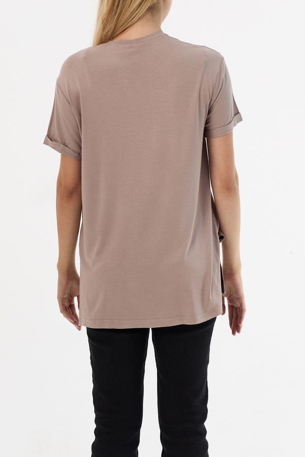 Düz Bisiklet Yaka Kadın Vizon Basic T-shirt  - 10806 VİZON