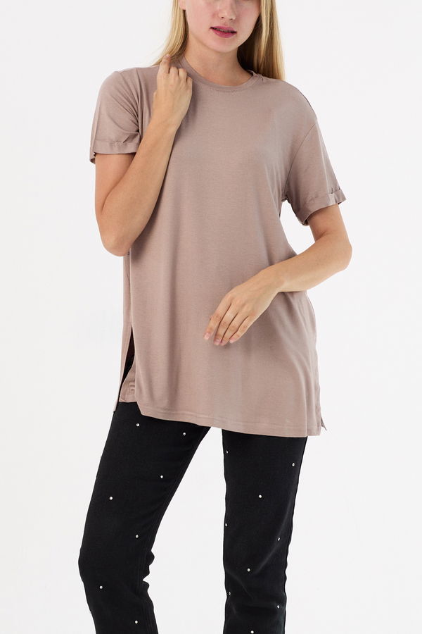 Düz Bisiklet Yaka Kadın Vizon Basic T-shirt  - 10806 VİZON
