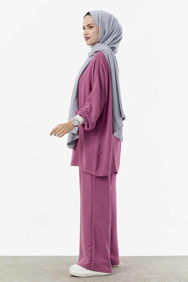 Düz Bisiklet Yaka Kadın Pembe Tunik Pantolon - 10544 PEMBE