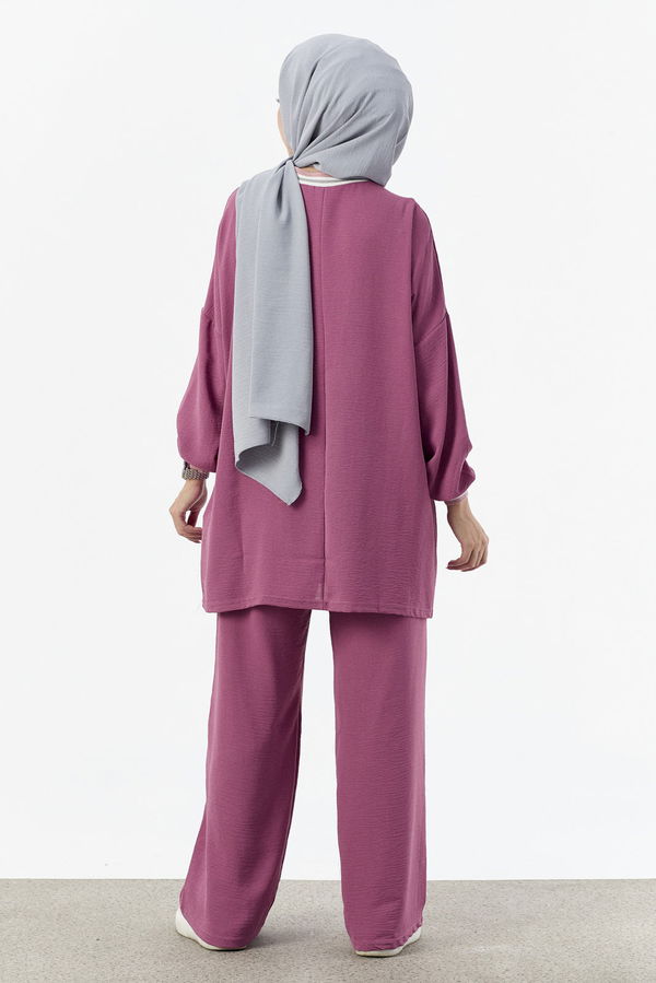 Düz Bisiklet Yaka Kadın Pembe Tunik Pantolon - 10544 PEMBE