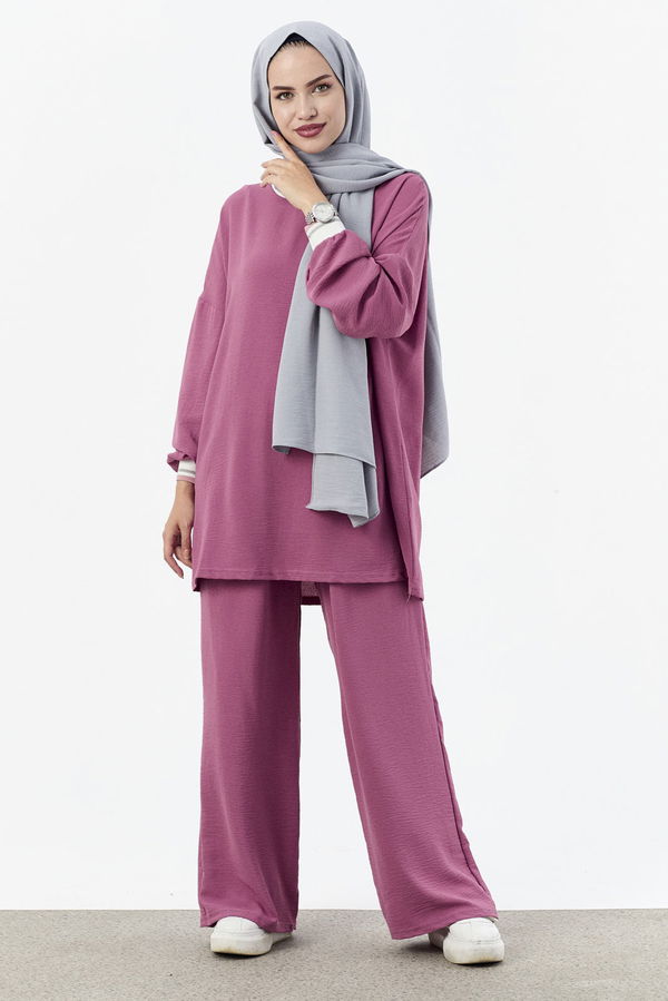 Düz Bisiklet Yaka Kadın Pembe Tunik Pantolon - 10544 PEMBE