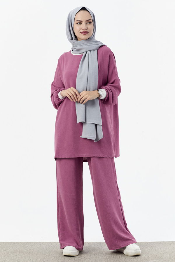 Düz Bisiklet Yaka Kadın Pembe Tunik Pantolon - 10544 PEMBE