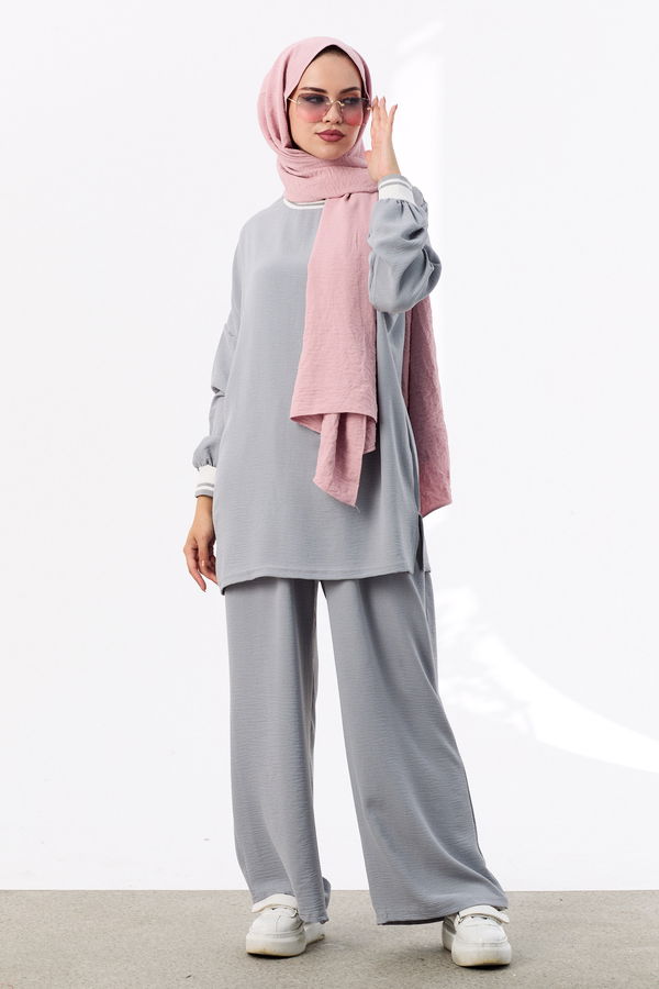 Düz Bisiklet Yaka Kadın Gri Tunik Pantolon - 10544 GRİ
