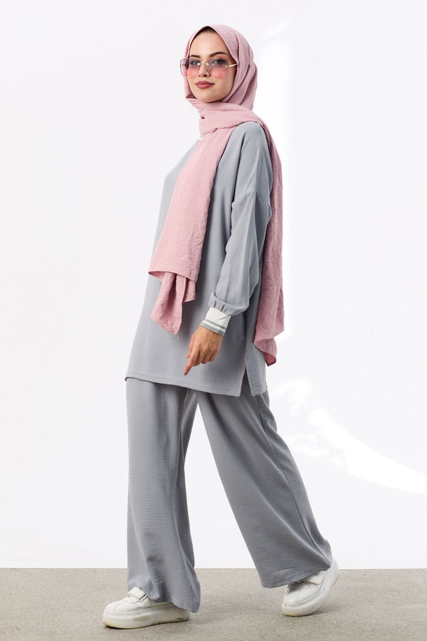 Düz Bisiklet Yaka Kadın Gri Tunik Pantolon - 10544 GRİ