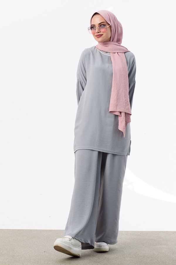 Düz Bisiklet Yaka Kadın Gri Tunik Pantolon - 10544 GRİ