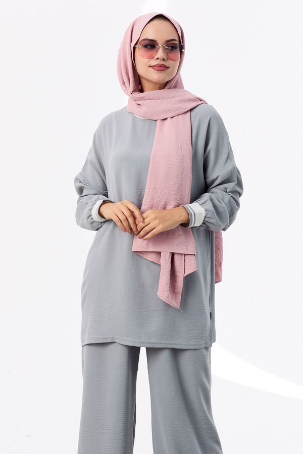 Düz Bisiklet Yaka Kadın Gri Tunik Pantolon - 10544 GRİ