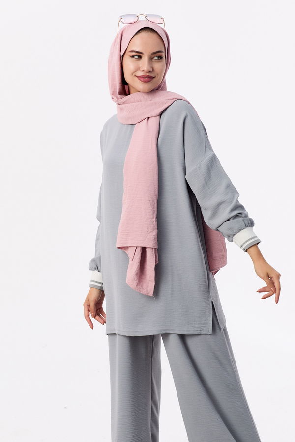 Düz Bisiklet Yaka Kadın Gri Tunik Pantolon - 10544 GRİ