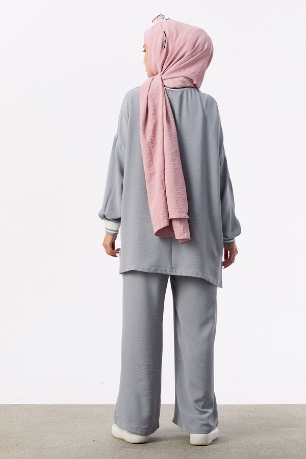 Düz Bisiklet Yaka Kadın Gri Tunik Pantolon - 10544 GRİ