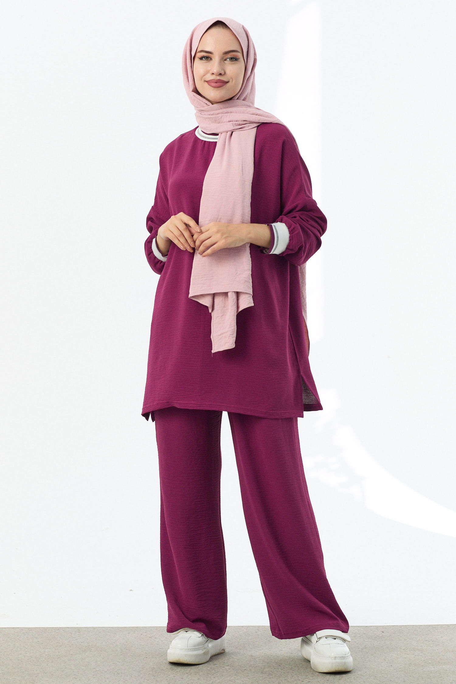 Düz Bisiklet Yaka Kadın Mor Tunik Pantolon - 10544