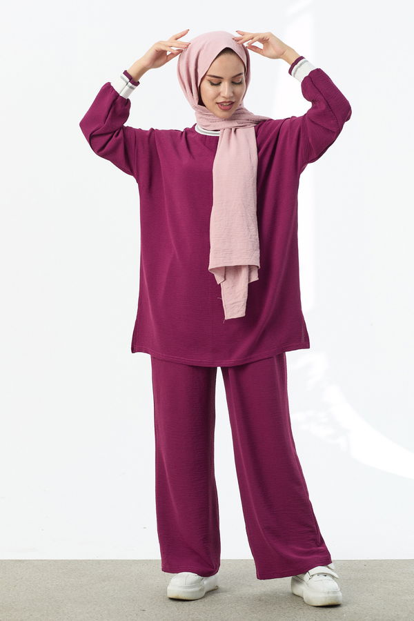 Düz Bisiklet Yaka Kadın Mor Tunik Pantolon - 10544