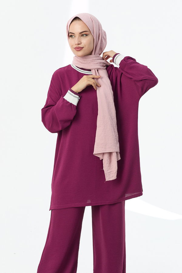 Düz Bisiklet Yaka Kadın Mor Tunik Pantolon - 10544