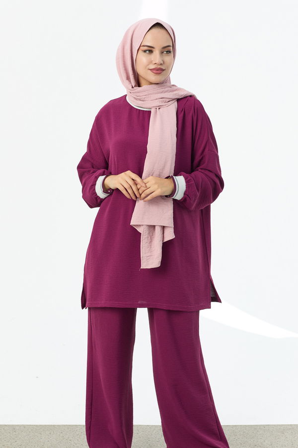 Düz Bisiklet Yaka Kadın Mor Tunik Pantolon - 10544