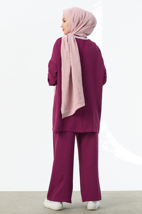 Düz Bisiklet Yaka Kadın Mor Tunik Pantolon - 10544