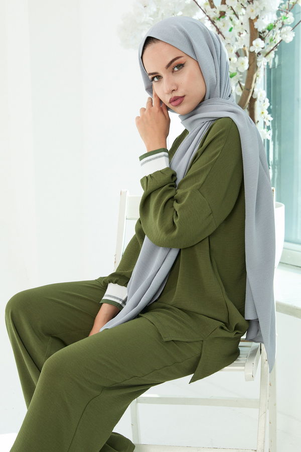 Düz Bisiklet Yaka Kadın Haki Tunik Pantolon - 10544 HAKİ