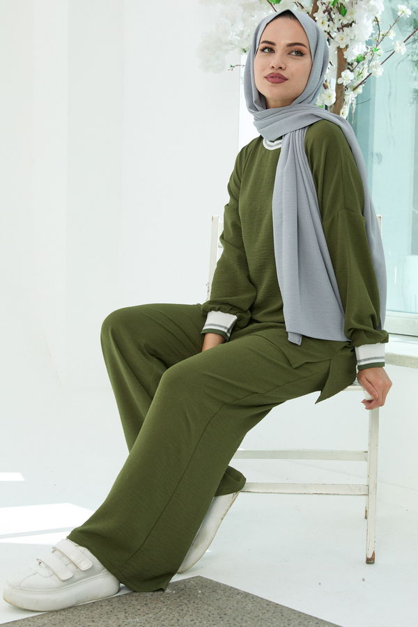 Düz Bisiklet Yaka Kadın Haki Tunik Pantolon - 10544 HAKİ