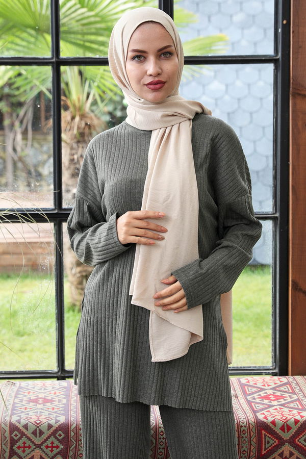 Düz Orta Kadın Haki Triko Tunik Pantolon - 21567 HAKİ