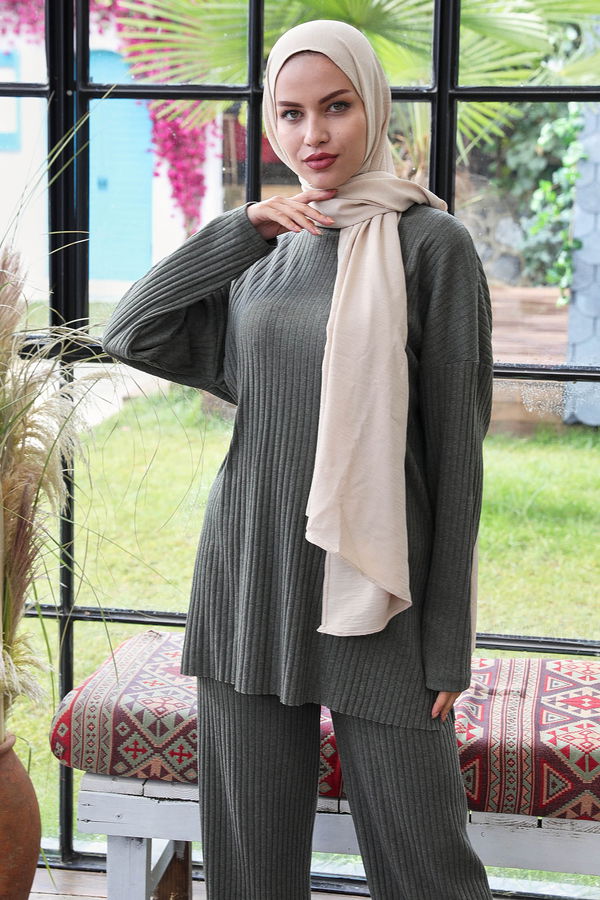 Düz Orta Kadın Haki Triko Tunik Pantolon - 21567 HAKİ