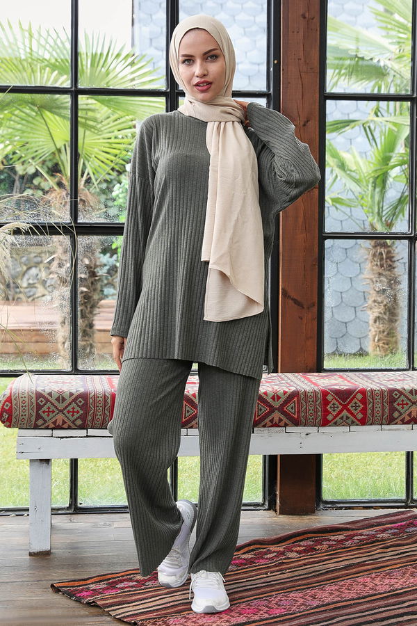 Düz Orta Kadın Haki Triko Tunik Pantolon - 21567 HAKİ
