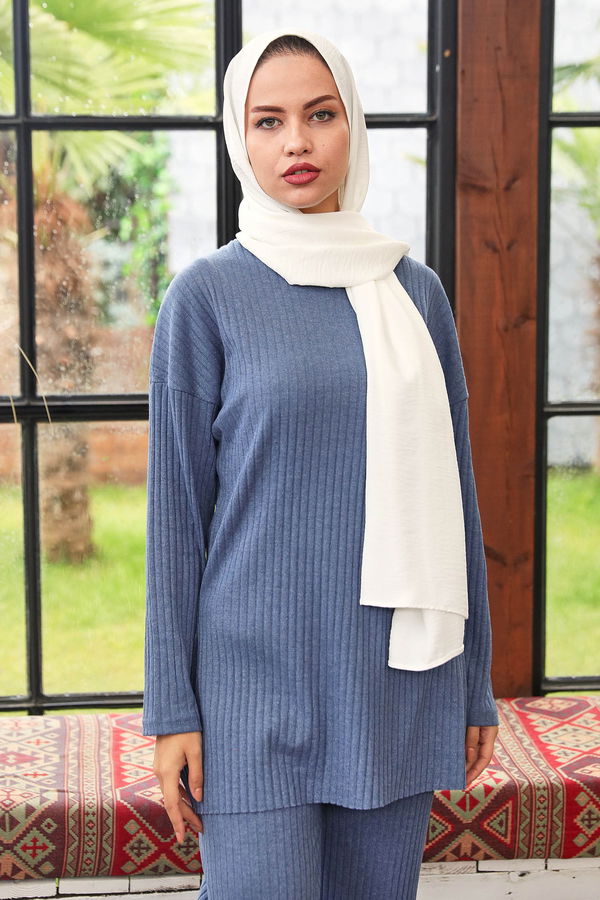 Düz Orta Kadın Mavi Triko Tunik Pantolon - 21567 MAVİ