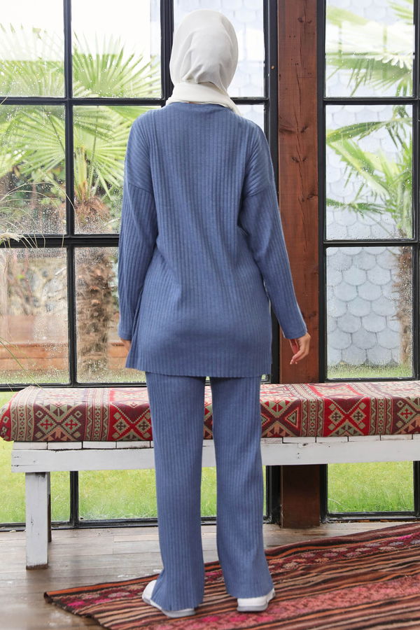 Düz Orta Kadın Mavi Triko Tunik Pantolon - 21567 MAVİ