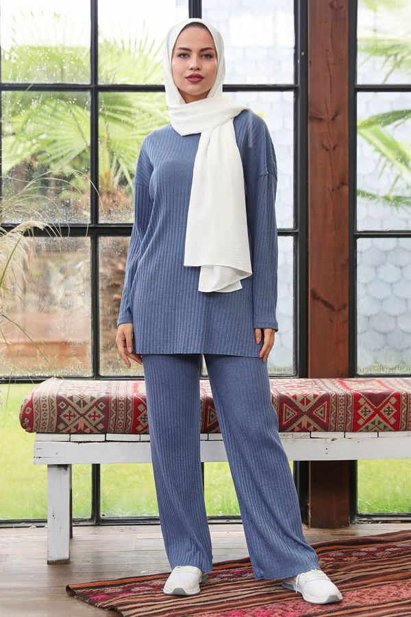Düz Orta Kadın Mavi Triko Tunik Pantolon - 21567 MAVİ