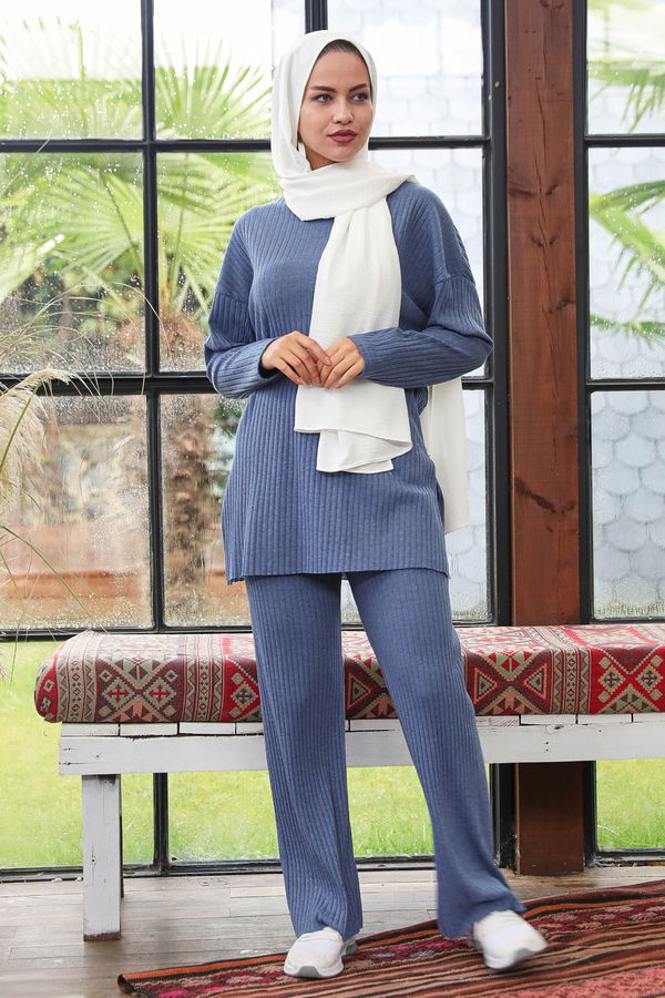 Düz Orta Kadın Mavi Triko Tunik Pantolon - 21567 MAVİ