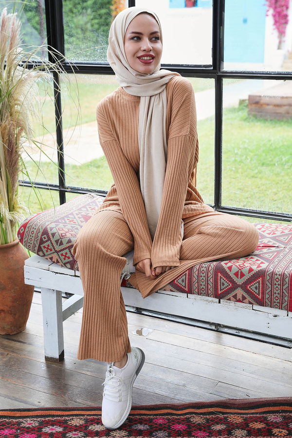 Düz Orta Kadın Taba Triko Tunik Pantolon - 21567 TABA