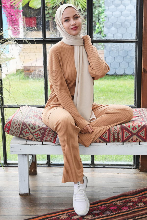 Düz Orta Kadın Taba Triko Tunik Pantolon - 21567 TABA
