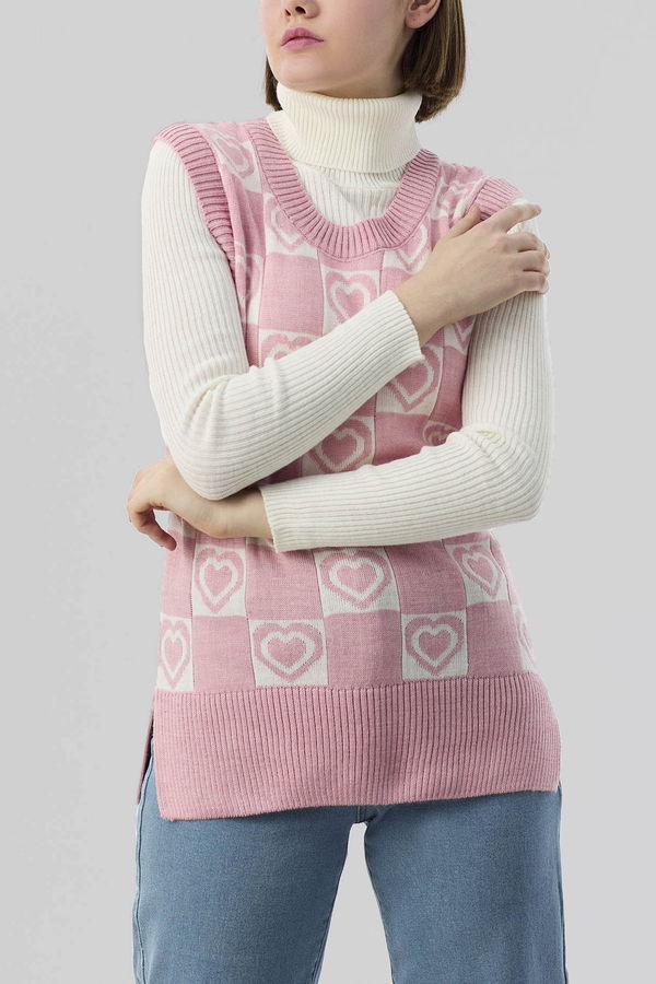 Düz Orta Kadın Pembe Triko Süveter - 21598 PEMBE