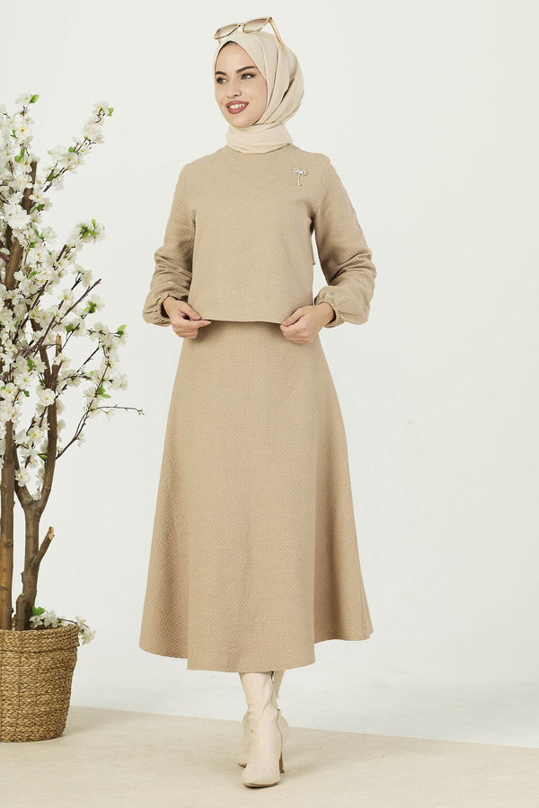 Düz Orta Kadın Vizon Bluz + Etek - 21754