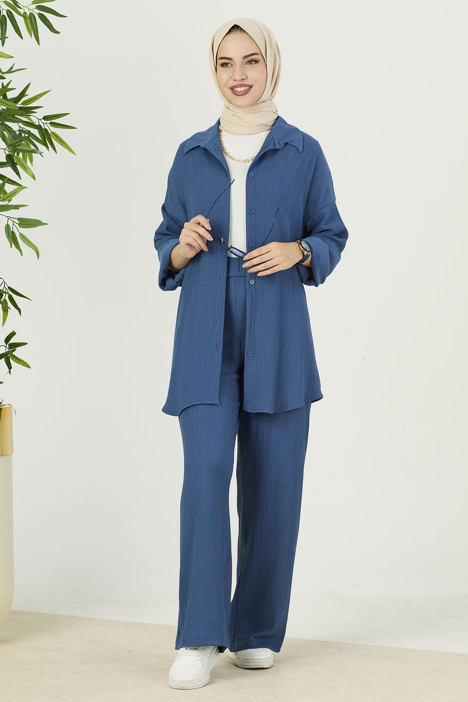 Düz Orta Kadın Mavi Tunik Pantolon - 21532 MAVİ