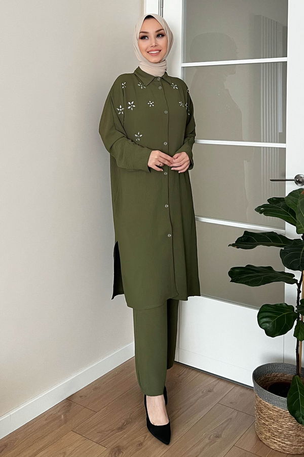 Düz Orta Kadın Haki Tunık Pantolon  - 3748