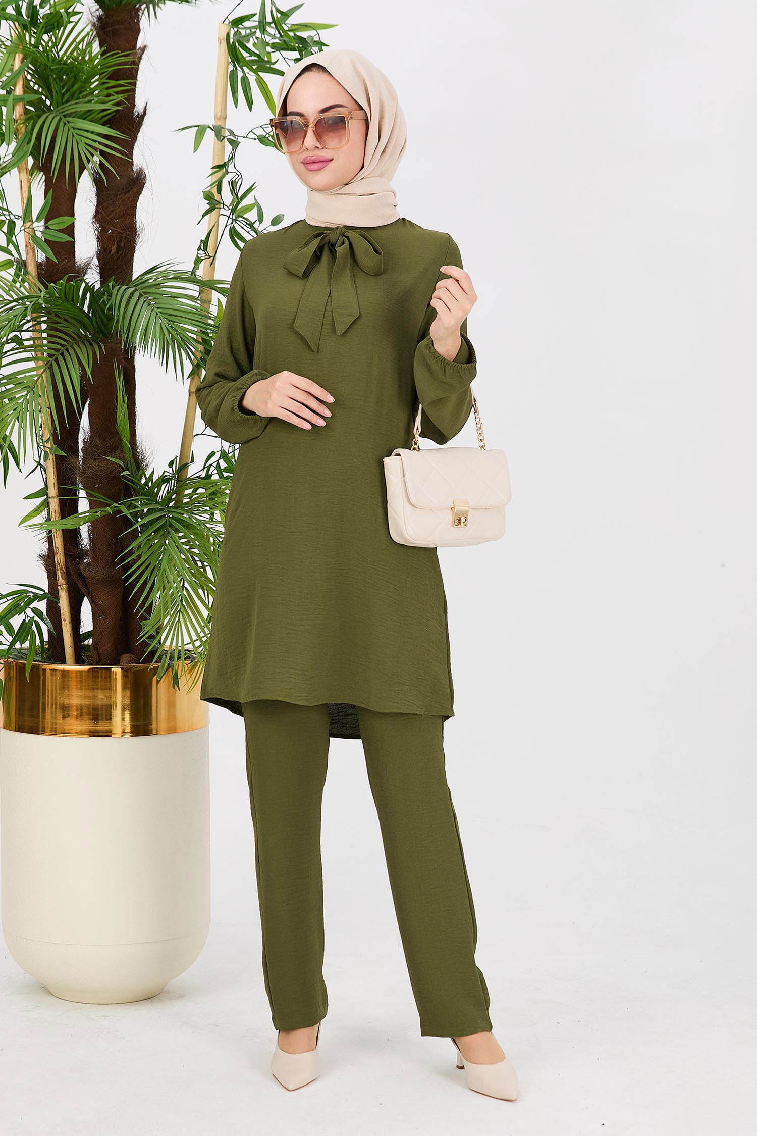 Düz Bisiklet Yaka Kadın Haki Tunik Pantolon - 10528 HAKİ