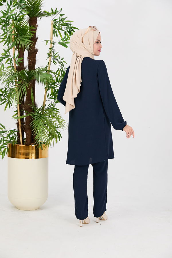 Düz Bisiklet Yaka Kadın Lacivert Tunik Pantolon - 10528